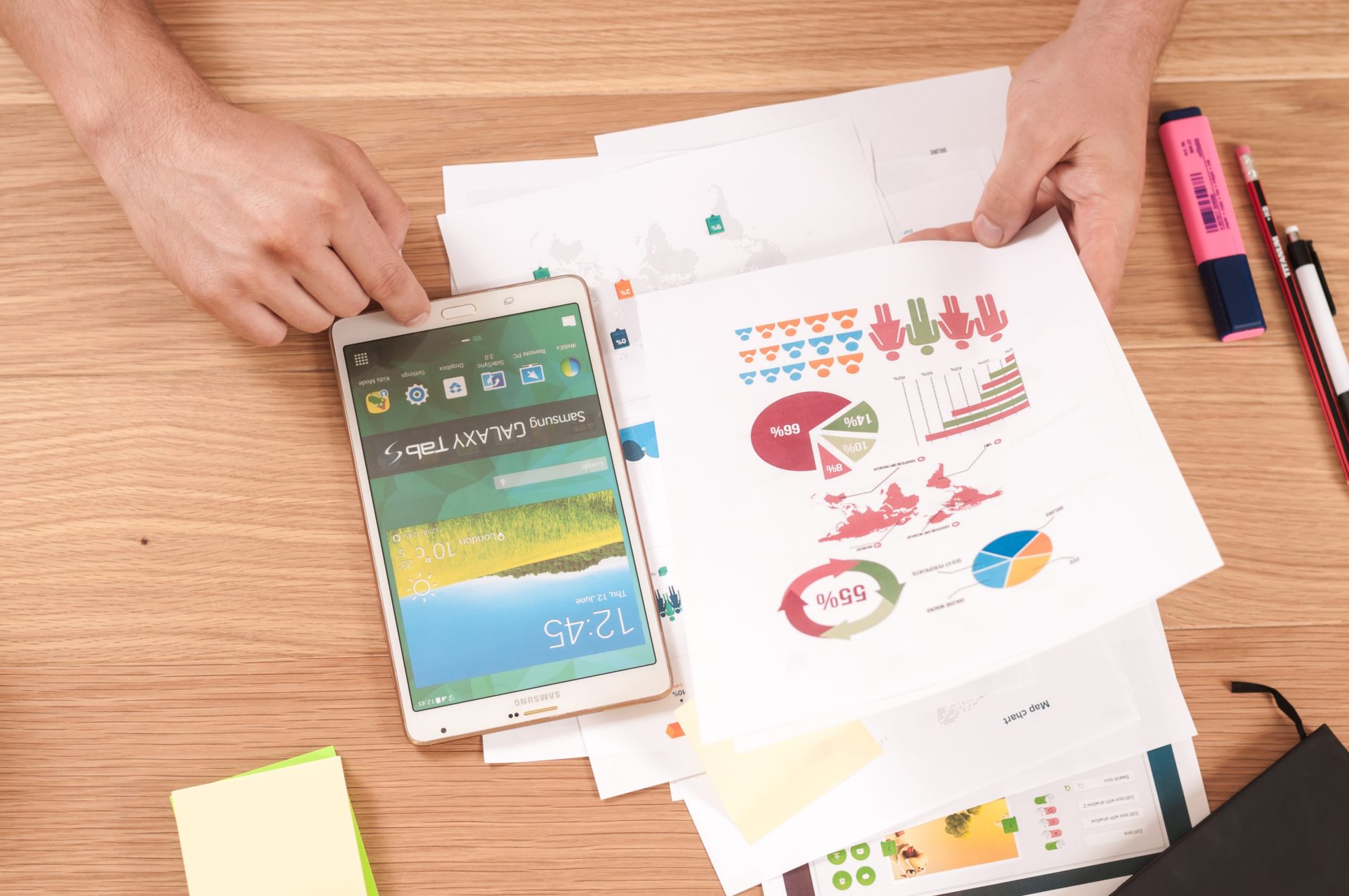 Analytics on a table including paper and phone